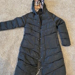 Black womens winter long coat with plaid design